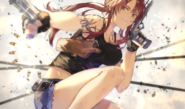 Anime picture 3458x2041 with black lagoon madhouse revy (black lagoon) tsugutoku single long hair highres smile wide image bare shoulders yellow eyes payot absurdres ponytail red hair tattoo outstretched arm girl gloves weapon