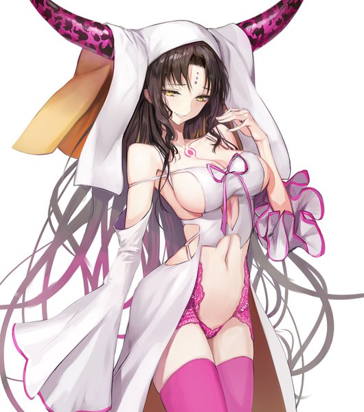 Anime picture 1141x1290 with fate (series) fate/grand order fate/extra fate/extra ccc sesshouin kiara mins (minevi) single tall image looking at viewer breasts light erotic simple background smile brown hair standing white background bare shoulders yellow eyes very long hair horn (horns)