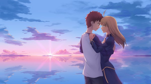 Anime picture 1920x1080 with fate (series) fate/grand order fate/stay night artoria pendragon (all) saber emiya shirou fateline alpha long hair highres short hair blonde hair brown hair wide image standing brown eyes green eyes sky cleavage cloud (clouds) upper body