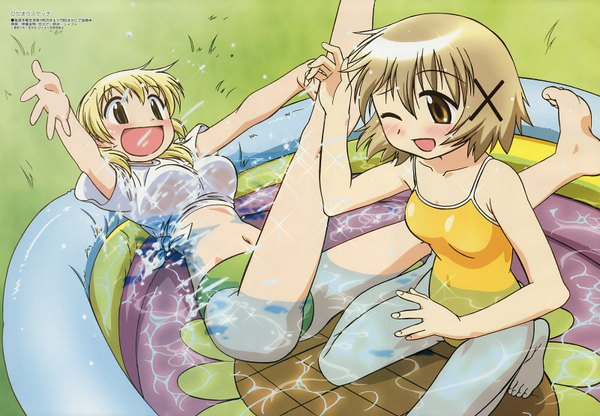 Anime picture 1600x1110 with hidamari sketch shaft (studio) megami magazine yuno miyako itou yoshiaki blush fringe breasts open mouth blonde hair hair between eyes multiple girls brown eyes signed outdoors :d one eye closed scan spread arms