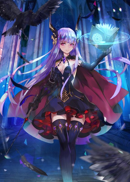 Anime picture 1600x2240 with original astarone single long hair tall image looking at viewer fringe breasts smile standing cleavage purple hair pink eyes horn (horns) outstretched arm magic flying girl thighhighs dress