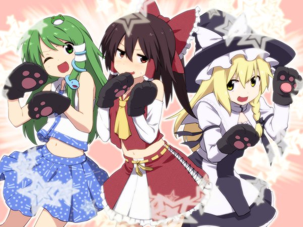 Anime picture 1440x1080 with touhou hakurei reimu kirisame marisa kochiya sanae leon (mikiri hassha) long hair looking at viewer fringe open mouth simple background blonde hair hair between eyes brown hair standing multiple girls brown eyes yellow eyes payot looking away ponytail