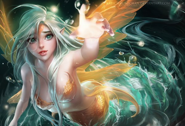 Anime picture 2000x1363 with sakimichan single long hair highres breasts bare shoulders green eyes signed lips pointy ears realistic aqua hair outstretched arm girl wings water water drop mermaid