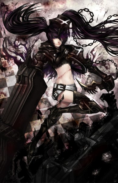 Anime picture 1100x1699 with black rock shooter insane black rock shooter vusc (artist) single long hair tall image twintails purple eyes purple hair lips realistic midriff legs glowing scar glowing eye (eyes) checkered background girl navel weapon