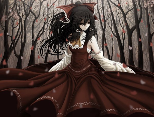 Anime picture 1500x1145 with touhou hakurei reimu single long hair fringe breasts black hair standing traditional clothes black eyes looking down bare tree girl bow plant (plants) hair bow detached sleeves petals tree (trees)