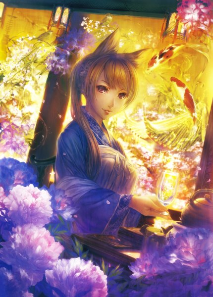 Anime picture 860x1200 with original simosi single long hair tall image looking at viewer smile brown hair animal ears traditional clothes japanese clothes pink eyes lips sunlight realistic fox ears girl flower (flowers) animal fish (fishes)
