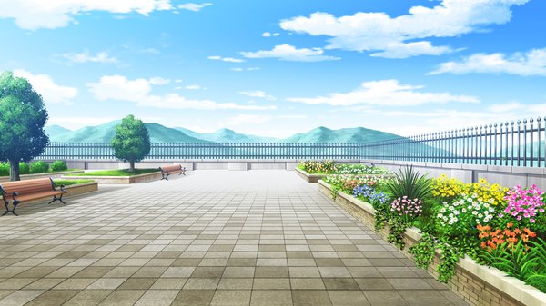 Anime picture 2560x1440 with ojousama wa gokigen naname highres wide image game cg sky cloud (clouds) mountain no people landscape flower (flowers) plant (plants) fence