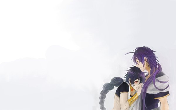 Anime picture 1600x1000 with magi the labyrinth of magic a-1 pictures judal sinbad (magi) yui (pixiv 276734) long hair simple background red eyes wide image white background yellow eyes purple hair ahoge single braid shounen ai boy jewelry hoop earrings