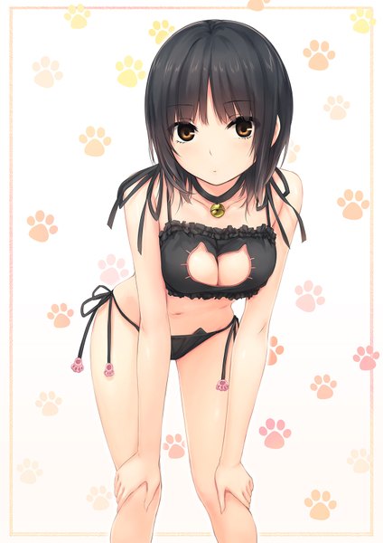 Anime picture 1132x1600 with original aoyama sumika coffee-kizoku single tall image looking at viewer short hair breasts light erotic black hair white background brown eyes cleavage underwear only paw print girl underwear panties lingerie bra