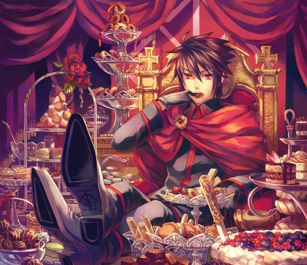 Anime picture 1450x1250 with original pixiv fantasia minami seira single short hair red eyes brown hair sitting eating boy gloves food boots sweets cloak knife cake doughnut throne