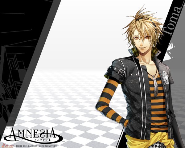 Anime picture 1280x1024 with amnesia idea factory toma (amnesia) single short hair simple background blonde hair smile yellow eyes inscription hieroglyph checkered floor boy