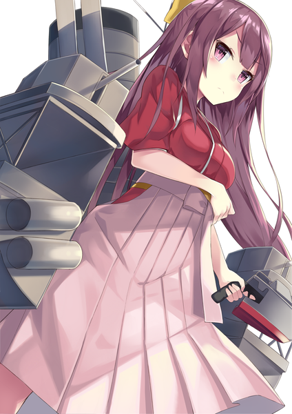 Anime picture 1447x2046 with kantai collection kamikaze destroyer mafu9 single long hair tall image blush fringe simple background standing white background purple eyes holding looking away purple hair traditional clothes japanese clothes from below >:( girl