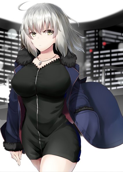 Anime picture 1284x1800 with fate (series) fate/grand order jeanne d'arc (fate) (all) jeanne d'arc alter (fate) ninoude (ninoude44) single tall image looking at viewer fringe short hair breasts hair between eyes large breasts yellow eyes silver hair ahoge long sleeves open clothes fur trim walking