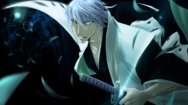 Anime picture 1403x789 with bleach studio pierrot ichimaru gin tom single fringe short hair open mouth smile wide image holding blue hair sky purple hair traditional clothes japanese clothes multicolored hair aqua eyes wind night
