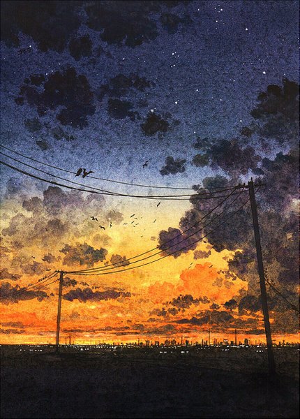 Anime picture 893x1247 with original cola (pixiv) tall image sky cloud (clouds) evening sunset no people landscape scenic animal bird (birds) building (buildings) power lines