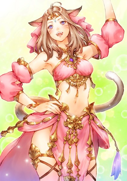 Anime picture 1227x1754 with final fantasy final fantasy xiv square enix miqo'te makimura shunsuke single long hair tall image open mouth brown hair purple eyes animal ears ahoge tail traditional clothes :d animal tail arm up cat ears teeth