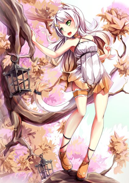 Anime picture 919x1300 with original pack er 5 single long hair tall image blush open mouth green eyes animal ears looking away white hair tail animal tail cat ears cat girl cat tail girl dress plant (plants) tree (trees)