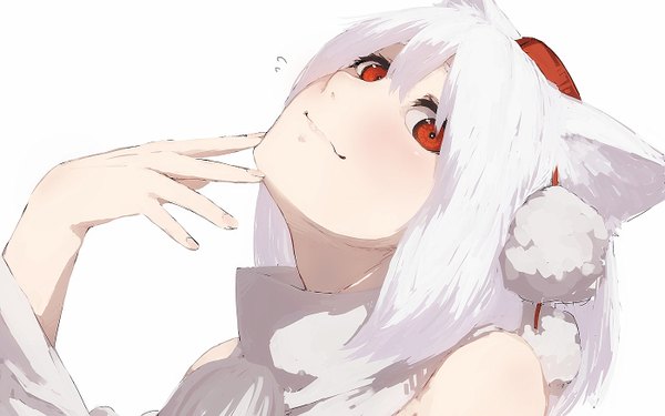 Anime picture 1400x875 with touhou inubashiri momiji terimayo single looking at viewer blush fringe short hair simple background smile hair between eyes red eyes white background bare shoulders animal ears upper body white hair head tilt fingernails face