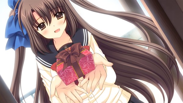 Anime picture 1280x720 with oretachi ni tsubasa wa nai watarai asuka long hair blush open mouth black hair wide image brown eyes game cg girl uniform bow hair bow school uniform gift