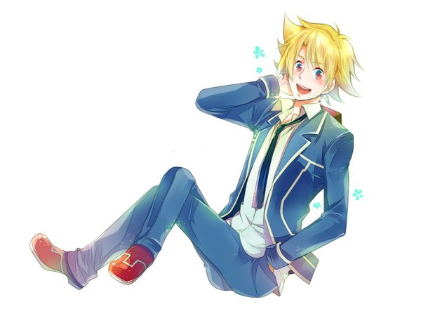 Anime picture 1600x1200 with cardfight!! vanguard miwa taishi nagakomo single blush short hair open mouth blue eyes simple background blonde hair white background sitting crossed legs hand in pocket multicolored eyes boy uniform school uniform necktie