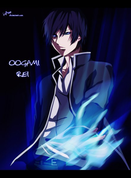 Anime picture 1000x1361 with code: breaker kinema citrus ogami rei i-azu single tall image looking at viewer short hair blue eyes black hair inscription open clothes open jacket coloring glowing letterboxed boy