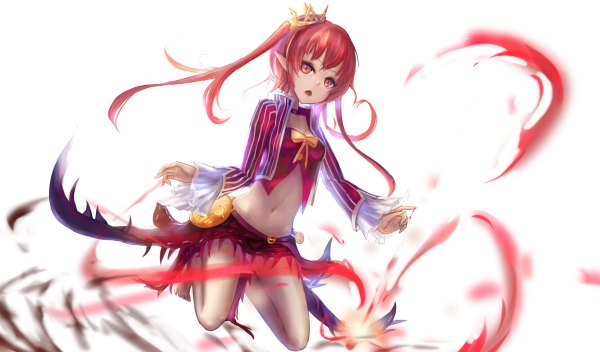 Anime picture 1200x704 with dungeon and fighter wangchuan de quanyan single long hair looking at viewer fringe open mouth red eyes wide image white background twintails red hair fingernails wind pointy ears bare legs no shoes kneeling spread arms girl