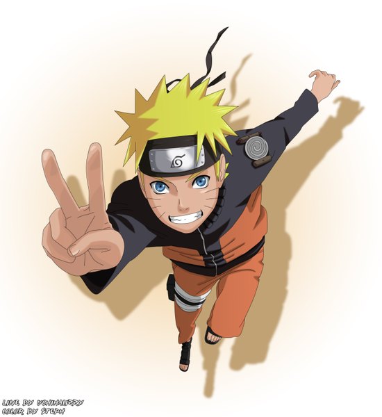 Anime picture 2650x2892 with naruto studio pierrot naruto (series) uzumaki naruto stephadri94 single tall image highres short hair blue eyes blonde hair smile white background shadow grin coloring facial mark victory whisker markings jinchuriki