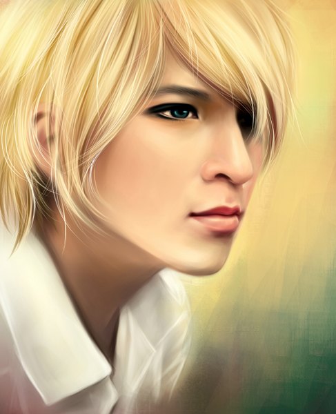 Anime picture 1024x1260 with original leejun35 tall image fringe short hair blonde hair green eyes lips hair over one eye realistic portrait face boy shirt