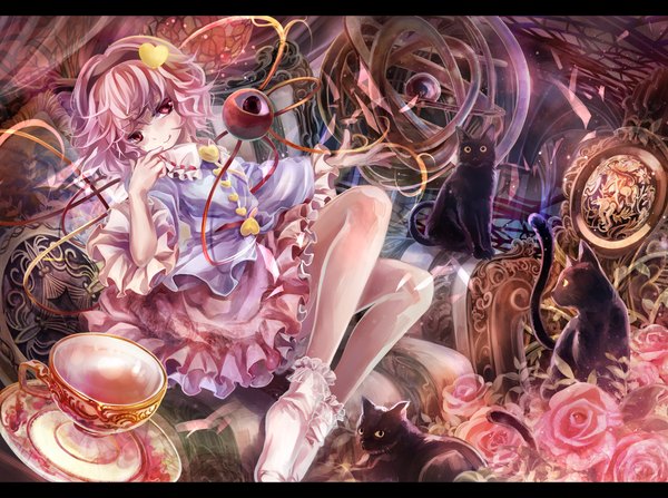 Anime picture 1200x895 with touhou komeiji satori torino aqua single looking at viewer blush short hair red eyes pink hair letterboxed girl dress flower (flowers) animal socks hairband white socks cat eyeball