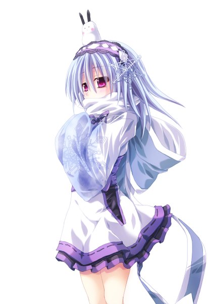 Anime picture 1800x2616 with yu-gi-oh! ghostrick yuki-onna takayuuki (artist) single long hair tall image highres simple background white background purple eyes blue hair girl dress hair ornament scarf snowflake hair ornament