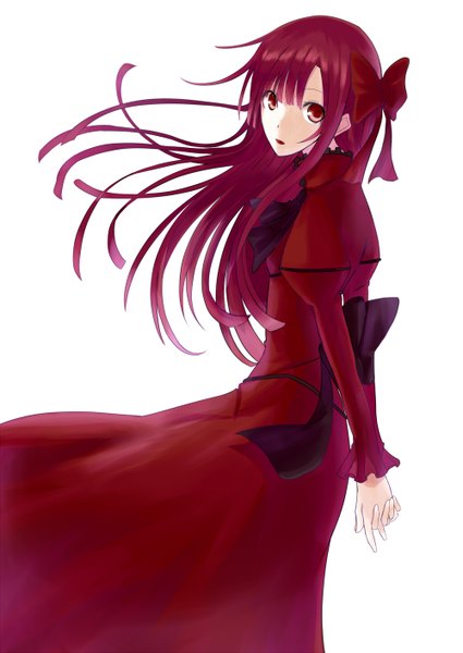 Anime picture 1000x1412 with original kushia microphylla kauto single long hair tall image looking at viewer simple background red eyes white background red hair looking back girl dress bow hair bow