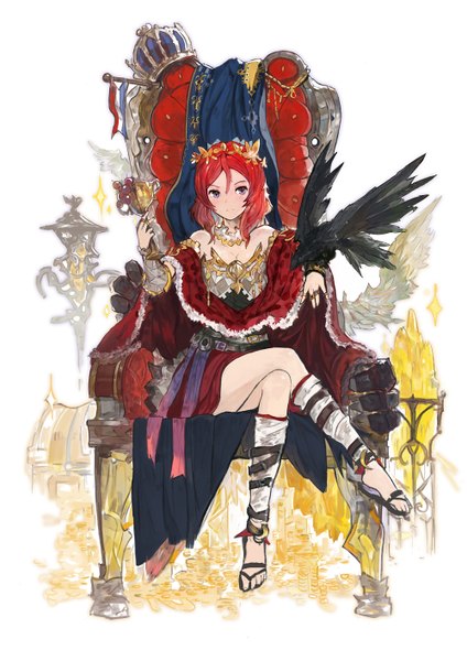 Anime picture 1000x1415 with love live! school idol project granblue fantasy sunrise (studio) love live! nishikino maki alchemaniac tall image looking at viewer blush smile sitting bare shoulders holding bent knee (knees) crossed legs outstretched arm crescent sitting on person bird on hand girl