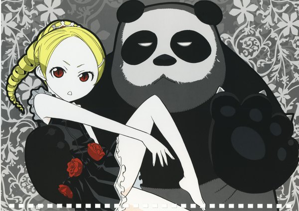 Anime picture 3507x2480 with kaibutsu oujo madhouse sherwood long hair highres blonde hair red eyes loli drill hair girl dress flower (flowers) animal panda