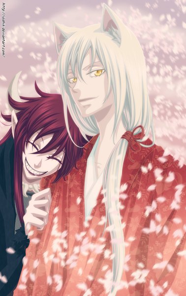Anime picture 820x1300 with kamisama hajimemashita tomoe (kamisama hajimemashita) akura ou ioshik long hair tall image smile animal ears yellow eyes white hair red hair eyes closed traditional clothes japanese clothes pointy ears cat ears grin coloring boy ribbon (ribbons)
