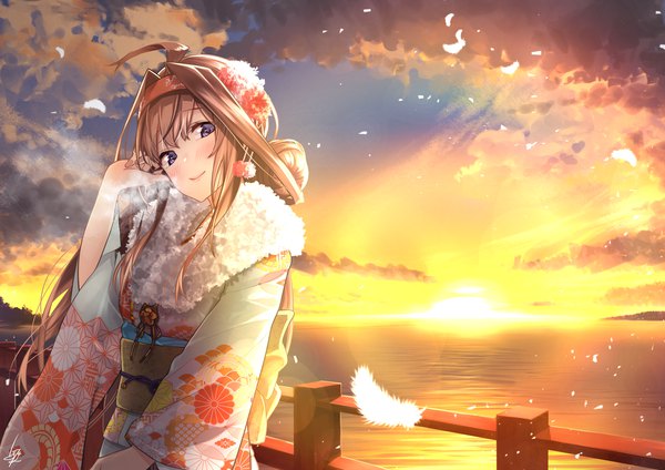 Anime picture 3035x2149 with kantai collection kongou battleship baffu single long hair looking at viewer blush highres blue eyes brown hair standing purple eyes signed payot absurdres sky cloud (clouds) ahoge upper body long sleeves