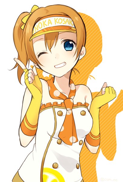 Anime picture 600x883 with love live! school idol project sunrise (studio) love live! kousaka honoka chisumi single tall image looking at viewer short hair blue eyes simple background smile white background bare shoulders one eye closed wink orange hair shadow character names side ponytail