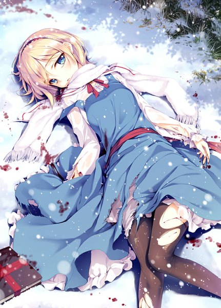 Anime picture 755x1050 with touhou alice margatroid ke-ta single tall image short hair blue eyes blonde hair looking away lying from above on back torn clothes snowing winter snow wet clothes torn pantyhose girl plant (plants)
