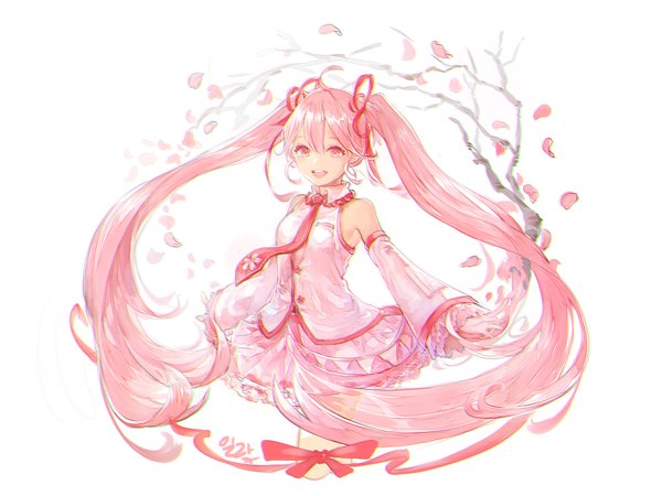 Anime picture 1500x1125 with vocaloid hatsune miku sakura miku illak single long hair looking at viewer fringe open mouth smile twintails bare shoulders pink hair long sleeves :d pleated skirt pink eyes teeth floating hair spread arms