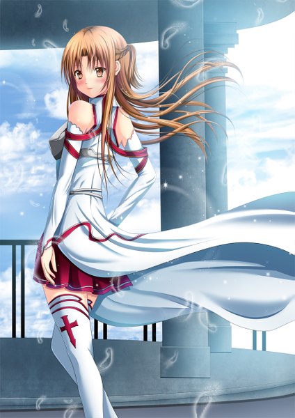 Anime picture 919x1300 with sword art online a-1 pictures yuuki asuna toshi (1-147) single long hair tall image blush brown hair brown eyes sky cloud (clouds) zettai ryouiki back girl thighhighs skirt detached sleeves white thighhighs feather (feathers)