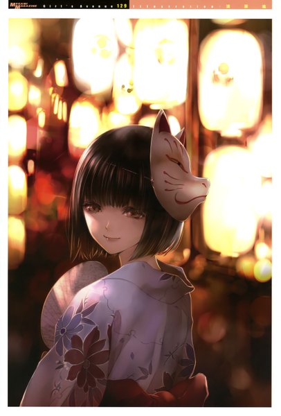 Anime picture 4073x6012 with original megami magazine girl's avenue festival (artbook) kiyohara hiro single tall image looking at viewer highres short hair black hair red eyes absurdres outdoors traditional clothes japanese clothes looking back from behind scan night
