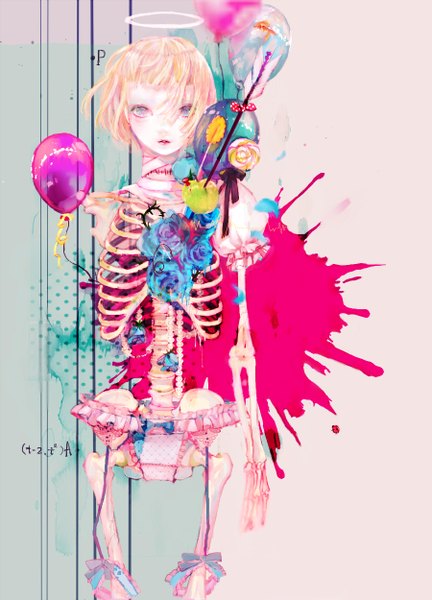 Anime picture 900x1250 with original sitry tall image looking at viewer short hair blue eyes blonde hair puffy sleeves skeleton girl underwear panties flower (flowers) bow rose (roses) insect halo bandage (bandages) fruit fish (fishes)