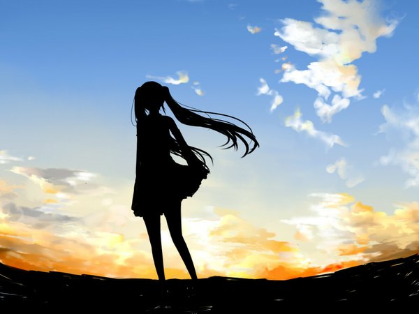 Anime picture 1024x768 with vocaloid hatsune miku kabe neko single long hair twintails wind evening sunset silhouette girl