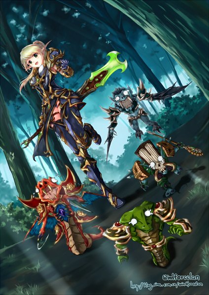 Anime picture 837x1183 with world of warcraft blizzard entertainment blood elf windforcelan long hair tall image looking at viewer open mouth blonde hair green eyes ponytail pointy ears teeth fang (fangs) girl weapon plant (plants) tree (trees) armor forest
