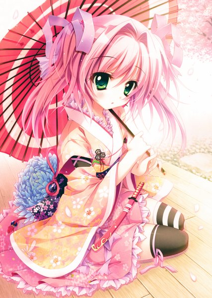 Anime picture 2000x2809 with original izumi tsubasu single long hair tall image looking at viewer blush fringe highres open mouth sitting twintails green eyes pink hair traditional clothes japanese clothes girl thighhighs ribbon (ribbons) weapon