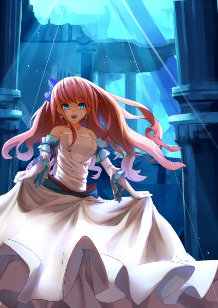 Anime picture 848x1200 with original yoo (tabi no shiori) single long hair tall image looking at viewer fringe open mouth blue eyes bare shoulders holding pink hair happy girl dress gloves bow hair bow earrings white gloves