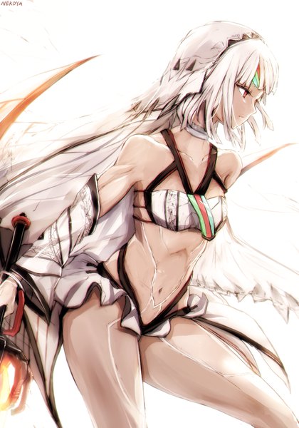 Anime picture 680x972 with fate (series) fate/grand order fate/extra fate/extella altera (fate) nekoya (liu) single tall image looking at viewer short hair light erotic simple background red eyes white background white hair profile tattoo dark skin muscle serious
