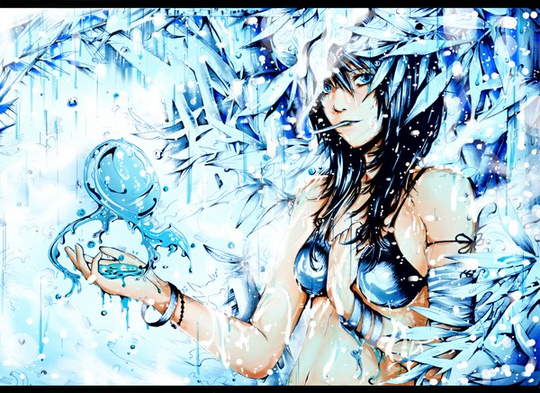Anime picture 1000x727 with original kinohara-kossuta single long hair looking at viewer blue eyes blue hair wet smoke rain girl swimsuit plant (plants) water bracelet leaf (leaves) bandage (bandages) bubble (bubbles) cigarette