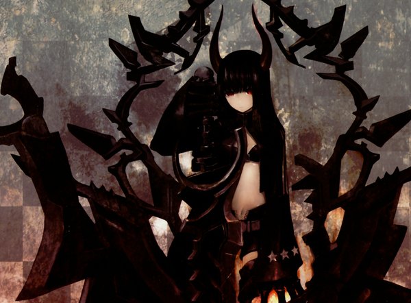 Anime picture 1600x1179 with black rock shooter black gold saw single long hair looking at viewer black hair red eyes horn (horns) open clothes open jacket checkered background girl navel weapon bikini top