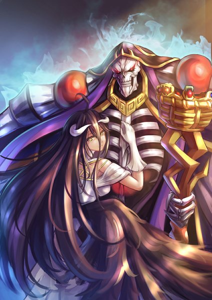 Anime picture 835x1181 with overlord (maruyama) madhouse albedo (overlord) ainz ooal gown futari no sei long hair tall image looking at viewer fringe black hair red eyes bare shoulders yellow eyes ahoge horn (horns) light smile couple eyebrows demon girl black wings