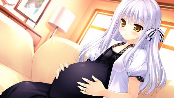 Anime picture 1280x720 with hoshi no ne sanctuary komatsubara yomi naruse hirofumi single long hair breasts smile wide image sitting brown eyes looking away game cg white hair flat chest pregnant girl dress ribbon (ribbons) hair ribbon black dress